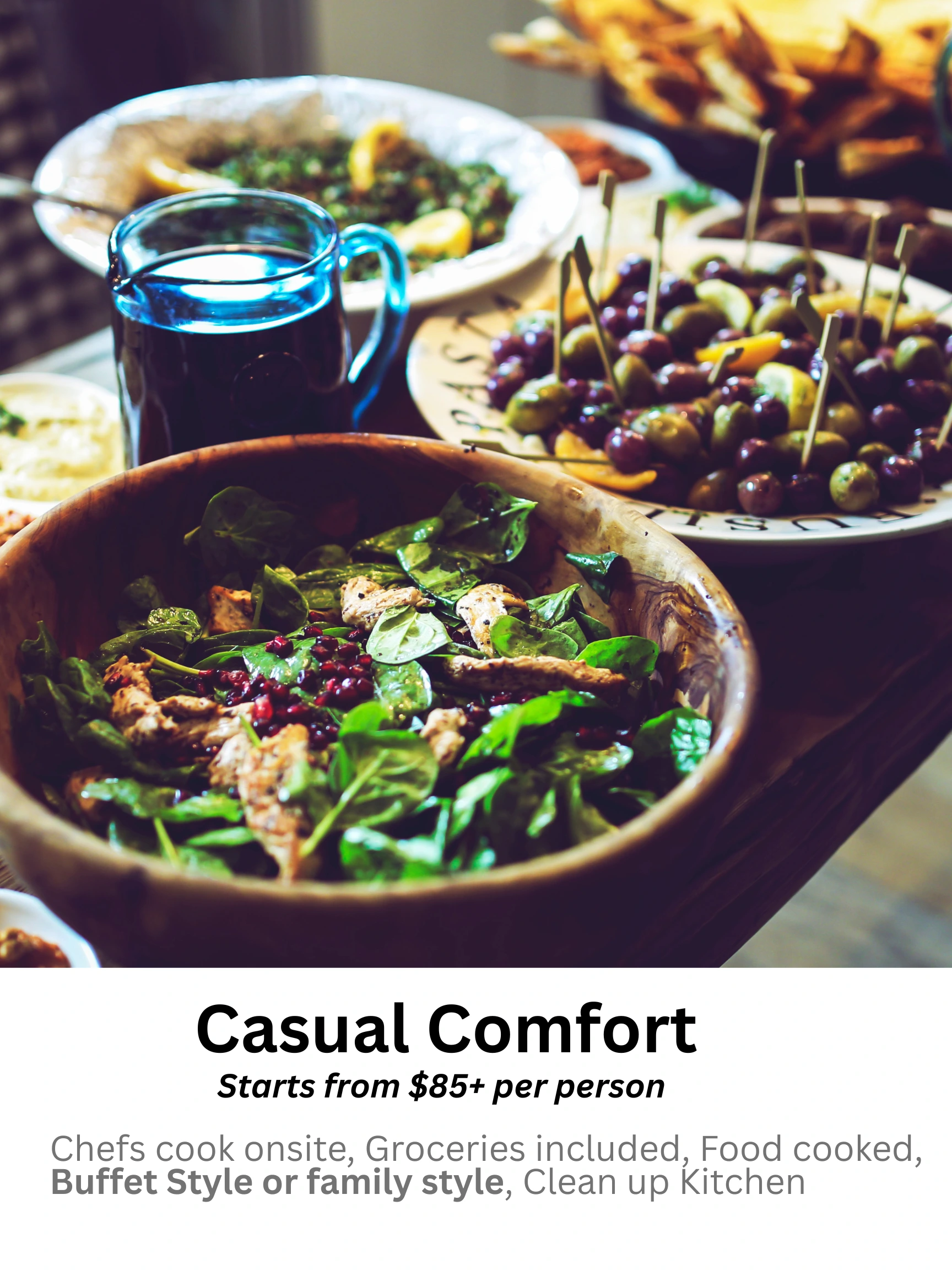 Private dining experience with a personal chef cooking a casual comfort meal at home